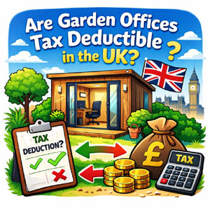 This image illustrates the concept of tax deductions for garden offices in the UK. A garden office is shown with a clipboard, money bag, and calculator, indicating financial considerations.