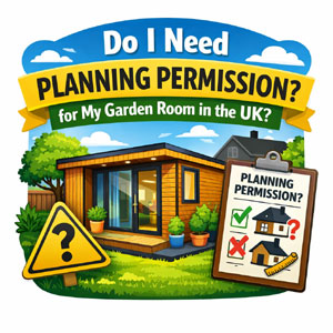 A garden room with a sign asking if planning permission is needed. A checklist with green tick and red cross icons is also shown.