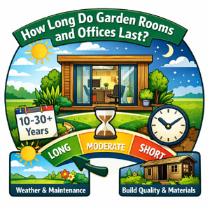 This infographic illustrates factors that affect the lifespan of garden rooms and offices. Weather and maintenance play a crucial role.