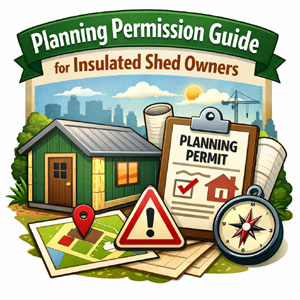 Planning permission guide for insulated shed owners, illustrated with a shed and permit.