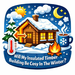 A snowy timber building with a fire and a warm cup of coffee. Insulated timber buildings can be cosy in winter.