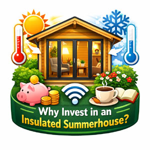 This image showcases the benefits of investing in an insulated summerhouse.