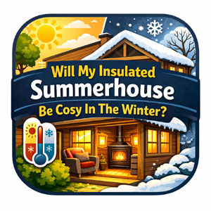 Cosy insulated summerhouse with snow on the roof and a lit fireplace inside. 