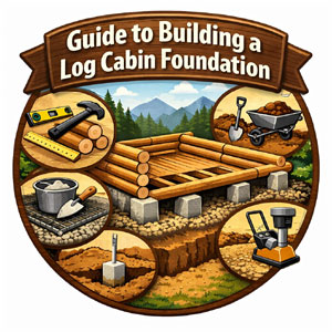 A log cabin foundation being built with various tools