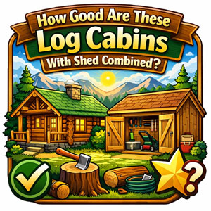 Log cabin with attached shed combined and green roof.