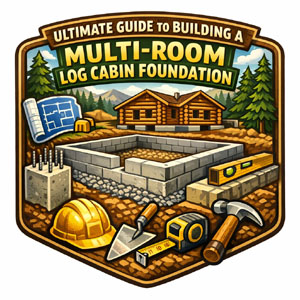 Multi room log cabin foundation construction with tools and materials.