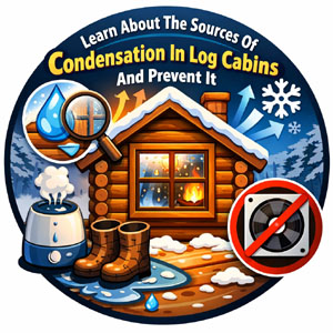 A multi-room log cabin with snow on the roof and how to combat condensation.