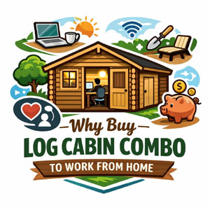 A log cabin combo with a person working from home and various icons representing remote work and savings.