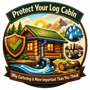 A log cabin with a green roof and a gutter system. Protecting your log cabin with a gutter system.