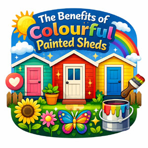 A graphic illustration of three colourful sheds with a rainbow, sun, and flowers. 