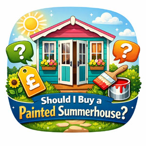 A colourful cartoon summerhouse with a question mark. Should you invest in a painted summerhouse?