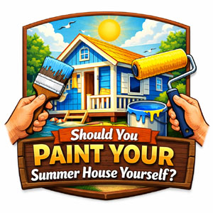 A graphic illustration of a summer house with a person considering painting it.