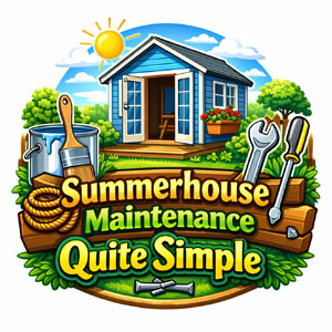 A cartoon image of a summerhouse with tools and a sunny background.