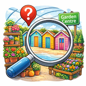 Garden centre with magnifying glass, various flowers and colourful summerhouses.