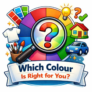 Colour wheel with magnifying glass and question mark. Various objects around it.