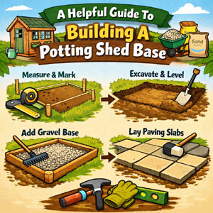 A green garden shed with gardening tools and plants. A helpful guide to choosing a potting shed.