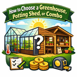 A garden with a greenhouse and a potting shed. A guide to choosing the right garden building.