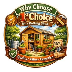 A wooden potting shed with gardening tools and plants. Perfect for gardening enthusiasts.