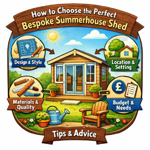 Infographic on choosing a bespoke summerhouse shed. A beautiful summerhouse with a garden setting