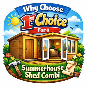 A summerhouse shed with a garden and tools, perfect for outdoor storage and relaxation
