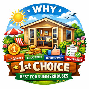 A summerhouse with a sun, beach chair and quality stamp