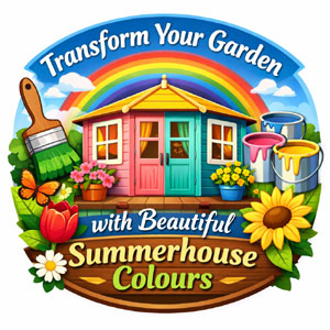 A colourful summerhouse with rainbow and garden tools