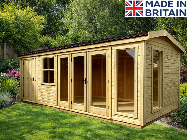 A wooden garden room combined with a shed with glass doors and a man nearby.