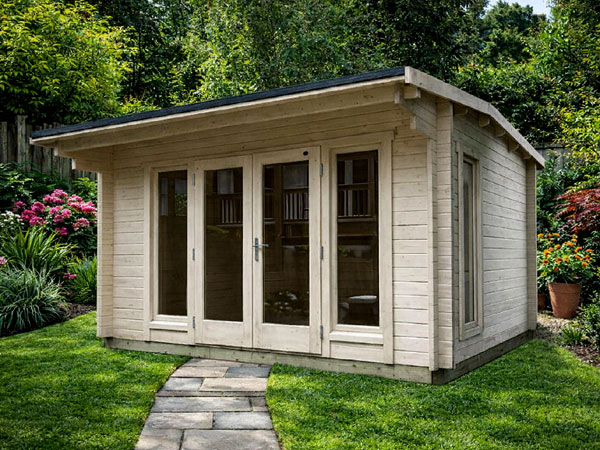 A wooden log cabin with double doors, windows, an insulated floor and a roof. Perfect for storing gardening tools and outdoor equipment.