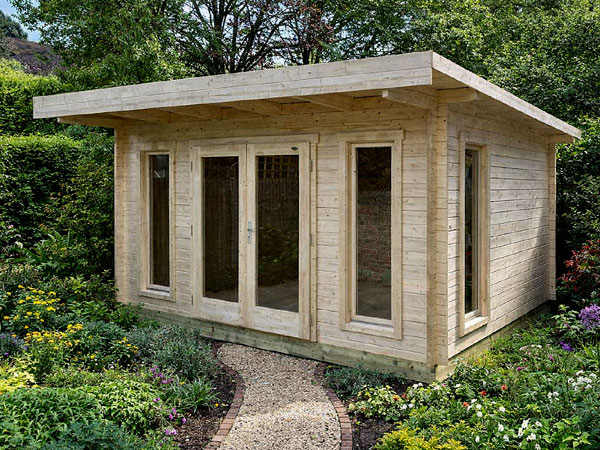 A wooden log cabin under 2.5m tall with large double doors and windows.