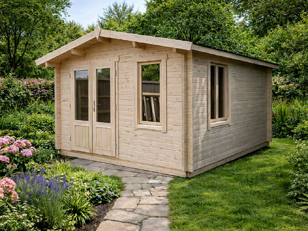 A wooden log cabin with double doors and windows. Optional installation available.