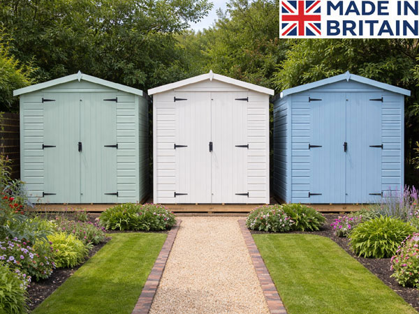 Row of wooden garden sheds in green, white and blue. Durable outdoor storage solutions.