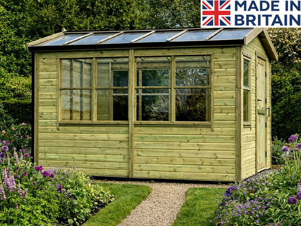 Wooden Platinum Hawthorn Greenhouse with glass roof panels.