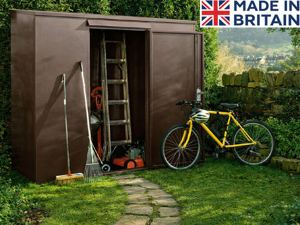 Brown tool shed with tools and bicycle outside. The shed is open with a ladder and other gardening equipment.