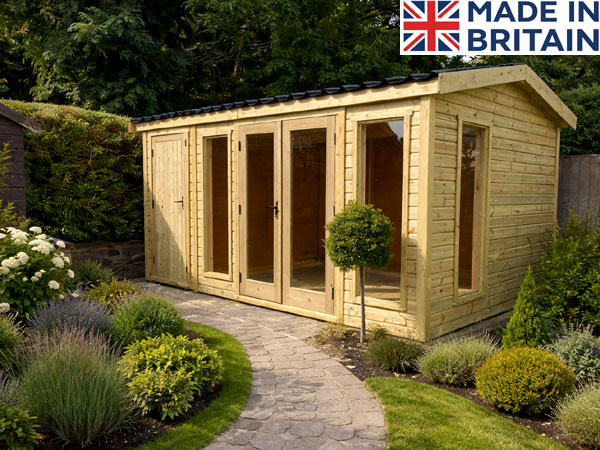 A bespoke wooden garden gym shed with double doors and windows. The shed is light brown and has a black roof.