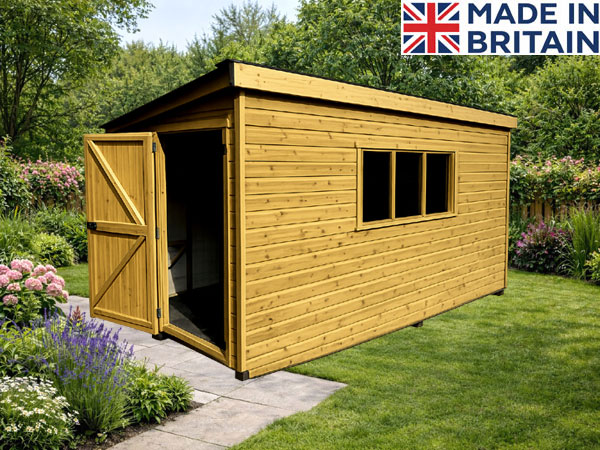 A wooden summerhouse with double doors and large windows, surrounded by trees and plants.