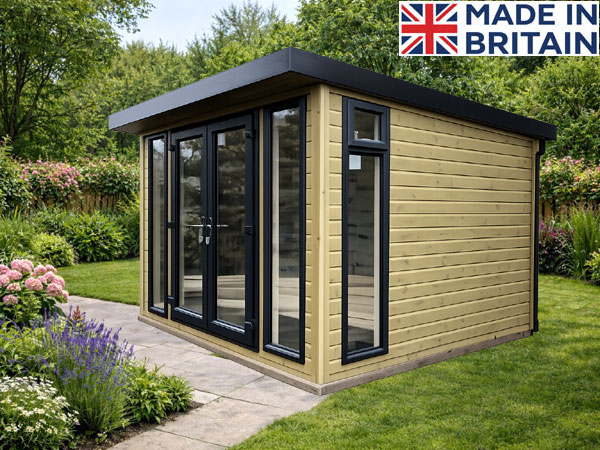 Modern garden sun room office with yellow cladding, black trim, large glass windows, and side door in green garden. FREE installation. Image shown may include non-standard options. Garden sun room with yellow cladding and black trim. A modern garden office with a flat roof and large windows.