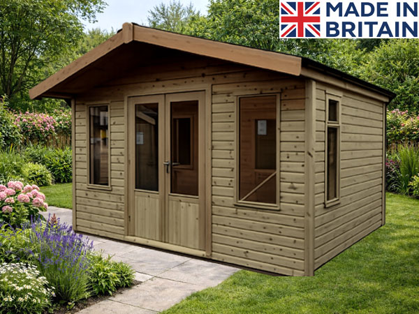 A wooden pressure treated summerhouse with double doors and windows. Perfect for storage or a summer house.