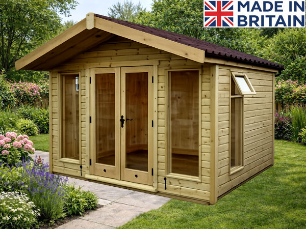 A wooden contemporary summerhouse with double doors and windows, offering ample storage space. The shed features a brown tiled roof and a natural wood finish.