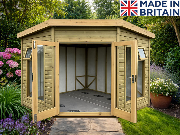 Wooden corner summer building with open double doors, peaked roof, and light wood construction on tiled patio. FREE installation. Image shown may include non-standard options. A wooden corner summerhouse with double doors open. The building is made of light-coloured wood and has a peaked roof.