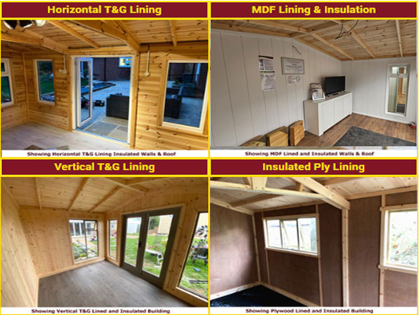 Images of interior lining options for garden workshop buildings.
