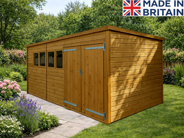 A heavy-duty workshop with double doors and three windows. The shed is made of light-coloured wood.