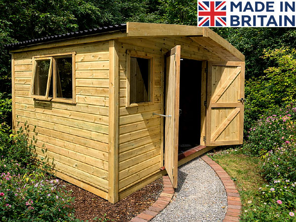 A wooden garden workshop with a black roof and open doors. The shed has two windows on the side.