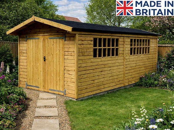 A wooden sectional building with double doors and windows. The shed has a black roof and is made of light-coloured wood.