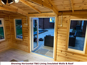 Shows image of summerhouses insulated with horizontal T&G boards