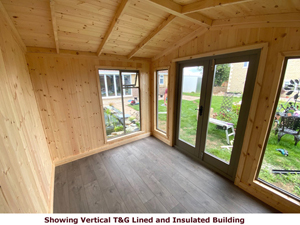 Shows image of summerhouses insulated with vertical T&G boards