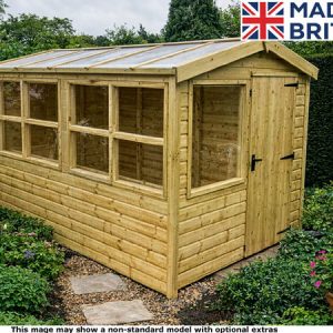 Wooden greenhouse shed with large windows and a door. Made in Britain.