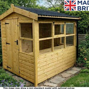 A wooden garden potting shed with a screened porch area. The shed has a black roof and a door on the left side.