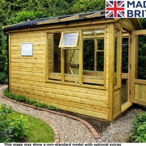 A wooden greenhouse with an open door and window.