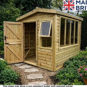 A wooden potting shed with an open door and window.