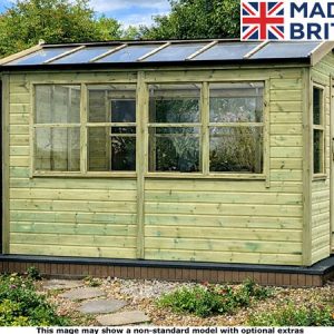 A green wooden potting shed with a black roof and large windows. The shed features a door on the right side.